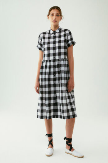 dress-biancalancia-linen blend elegant checkered black and white luisa boutique
