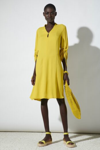 flowing dress belt buttons long sleeve yellow boutique luisa bydgoszcz
